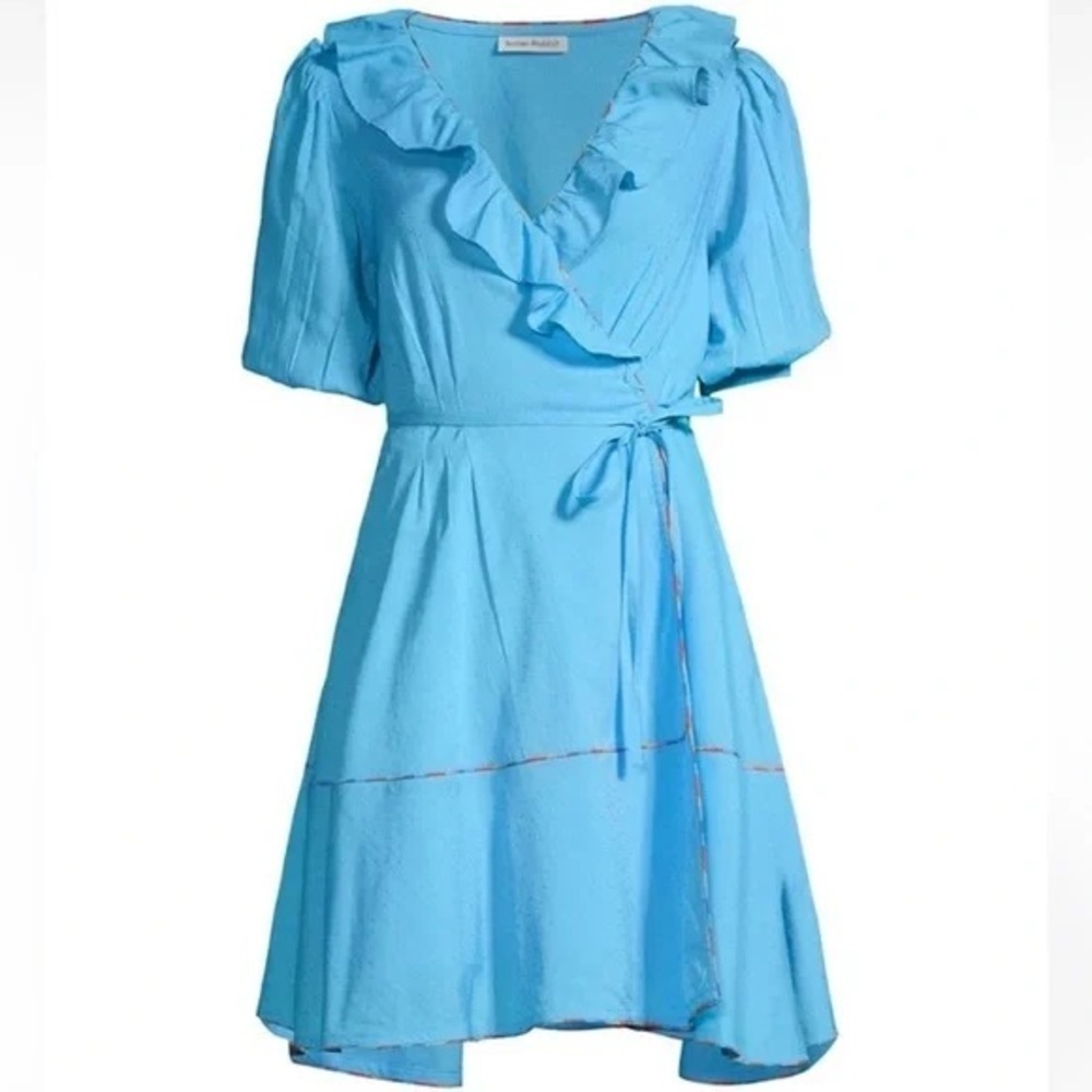 Roller Rabbit Blue Ruffle Wrap Dress Women’s Sz Large Short Sleeve Mini Pockets - Picture 2 of 14